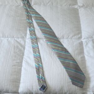 Men's Gray Striped Silk Tie with Aqua & Purple Accents
